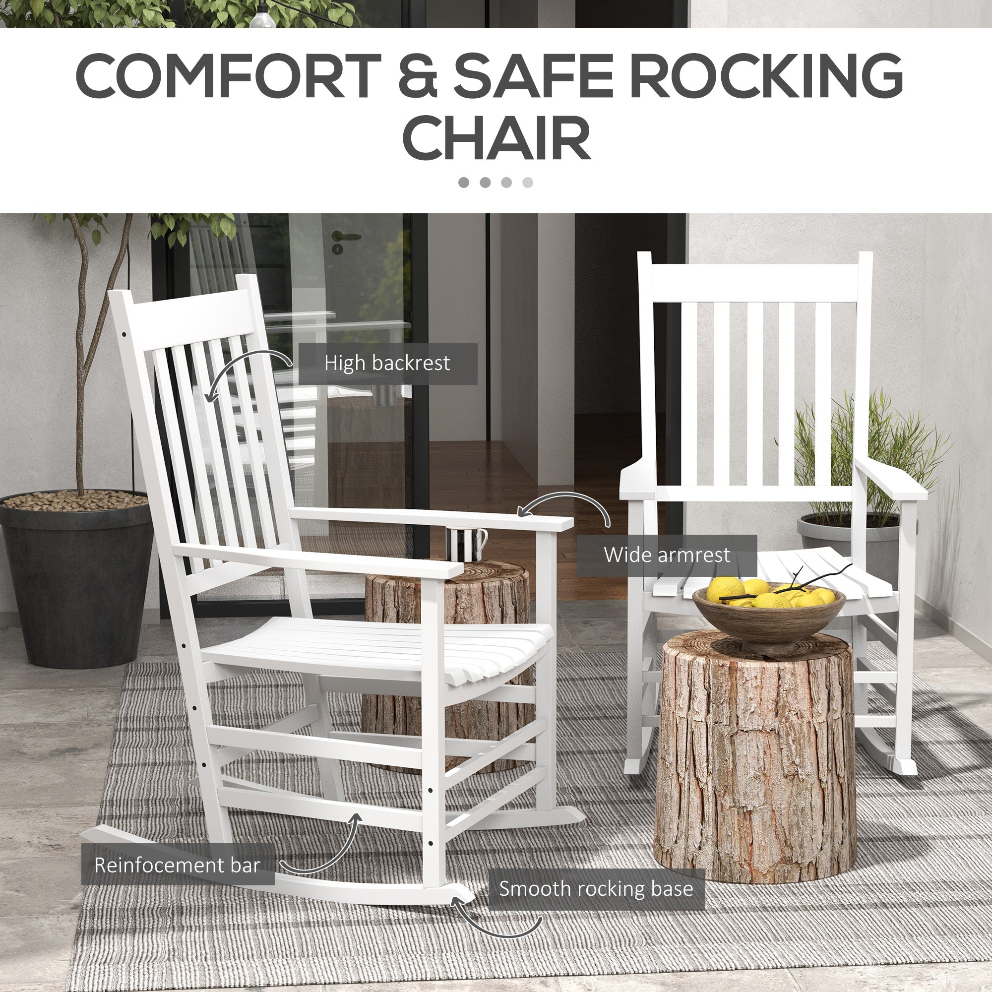 Wooden Patio Rocking Chairs Set of 2, Outdoor Rocker Chairs with Wide Armrests, High Back for Garden, Balcony, White