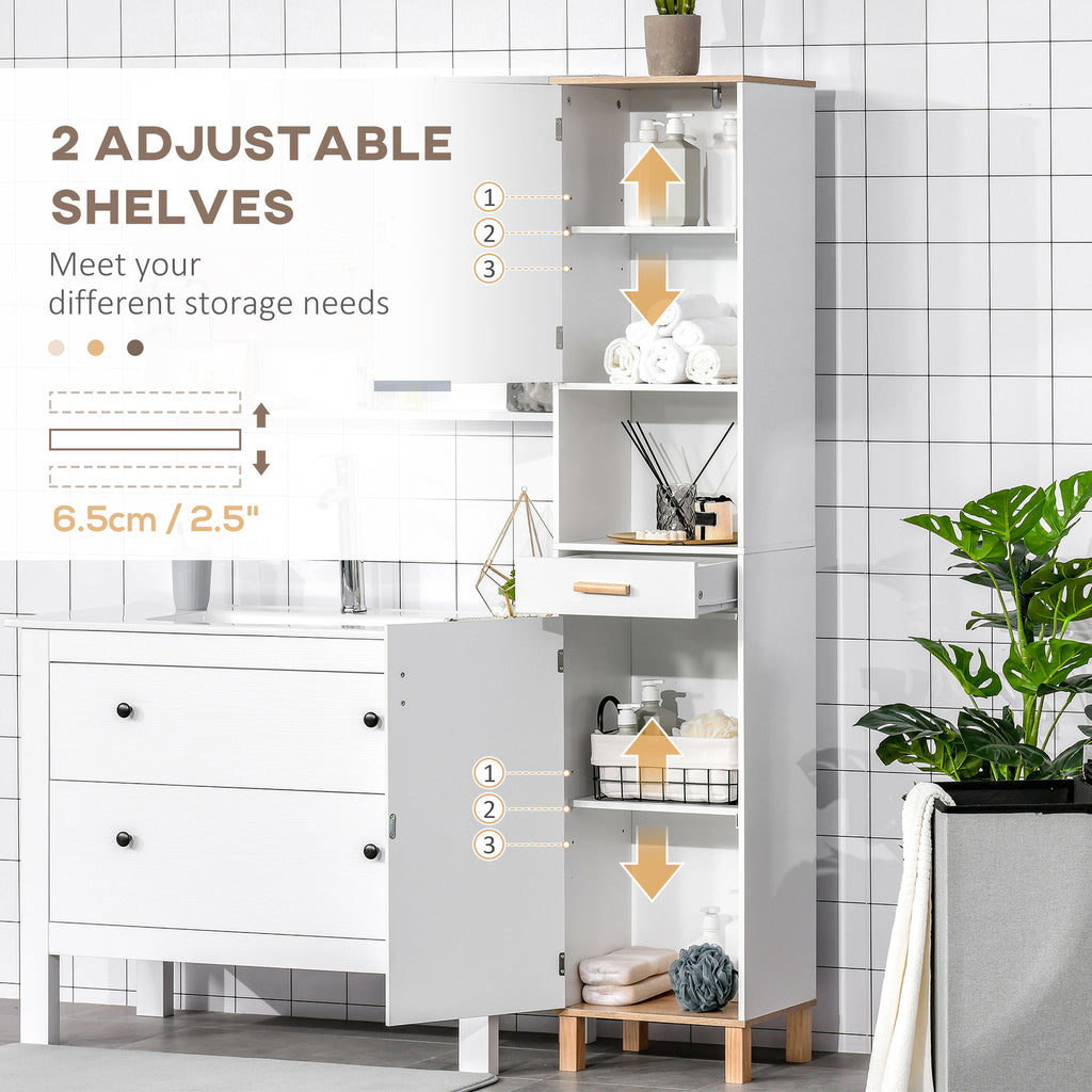 Bathroom Storage Cabinet with Cupboards and Drawer, Floor Free Standing Linen Tower, Tall Slim Side Organizer Shelves, White