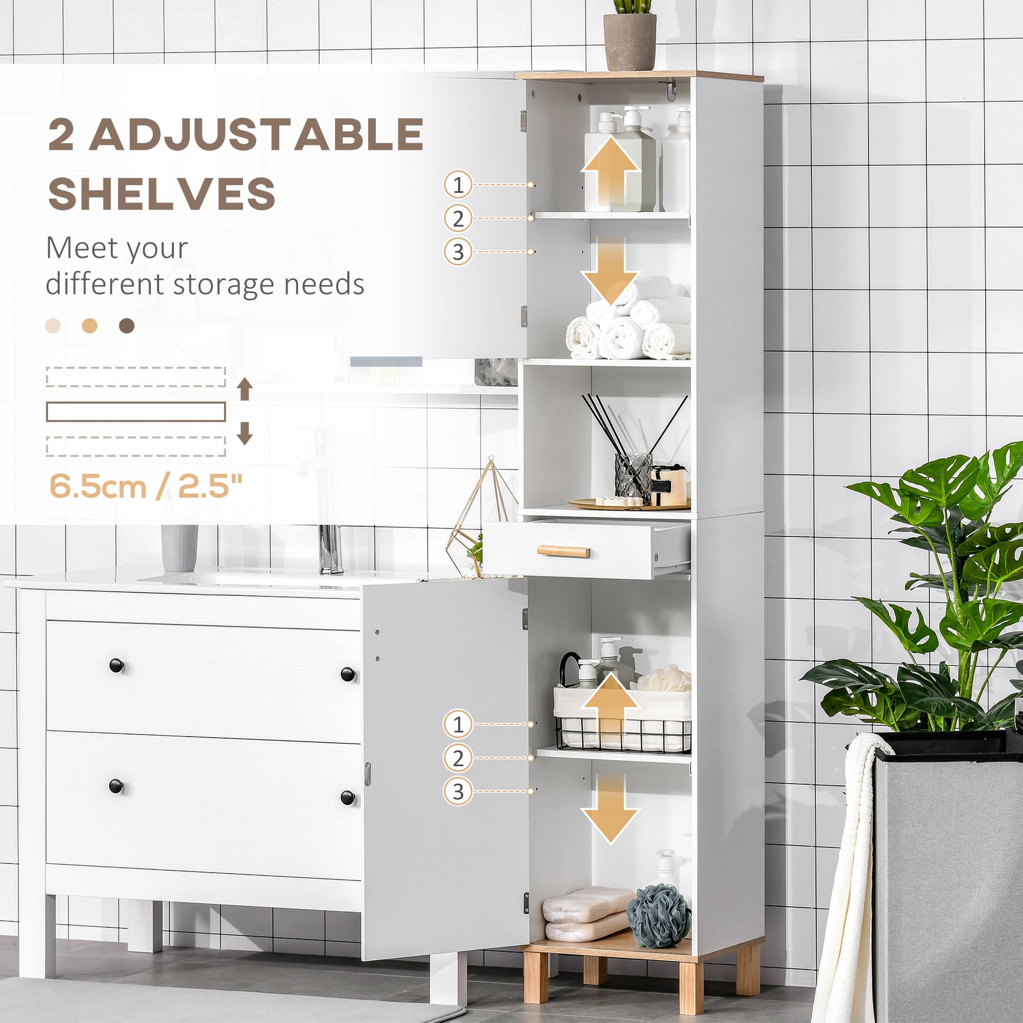 Bathroom Storage Cabinet with Cupboards and Drawer, Floor Free Standing Linen Tower, Tall Slim Side Organizer Shelves, White