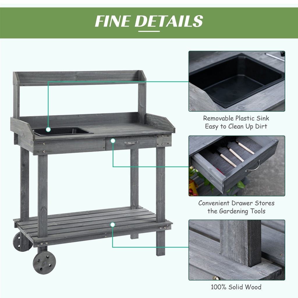 36" Wooden Potting Bench Work Table with 2 Removable Wheels, Sink, Drawer & Large Storage Spaces, Gray