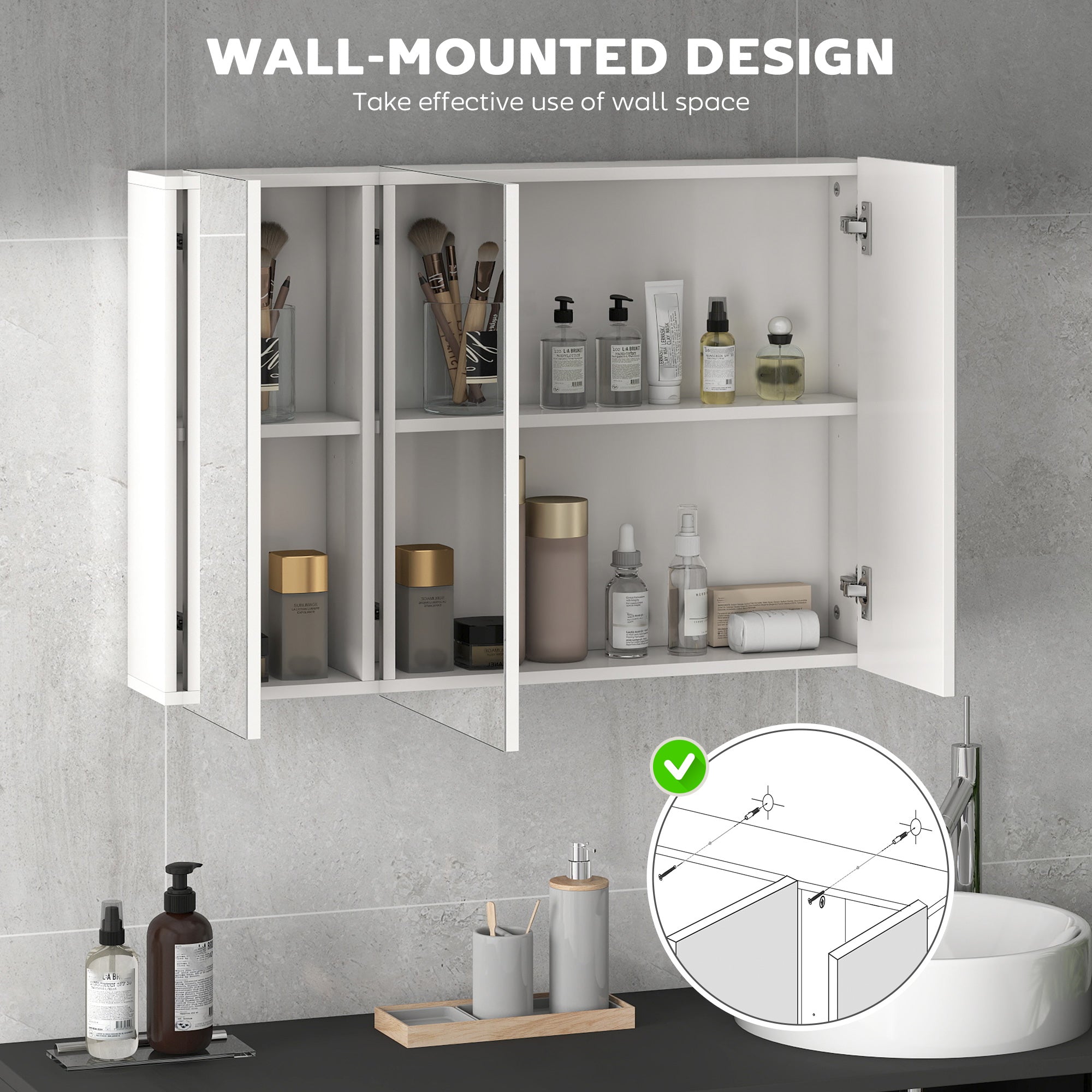 35" x 24" Wall Mounted Mirror Cabinet, Bathroom Medicine Cabinet with Mirror, 3 Doors and Adjustable Shelves, White