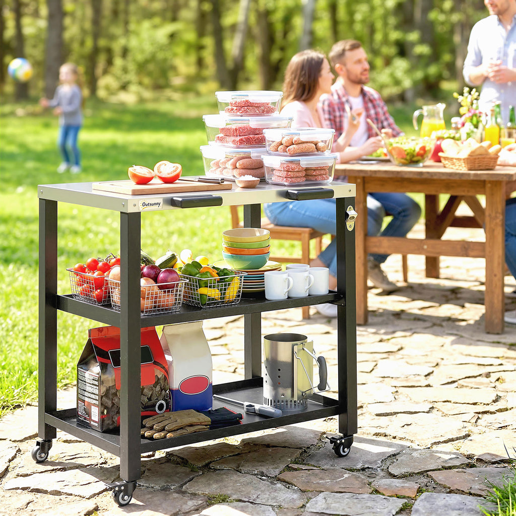 Outdoor Grill Cart with Stainless Steel Tabletop, 2 Shelves, Rolling Prep Dining Cart with Lockable Wheels
