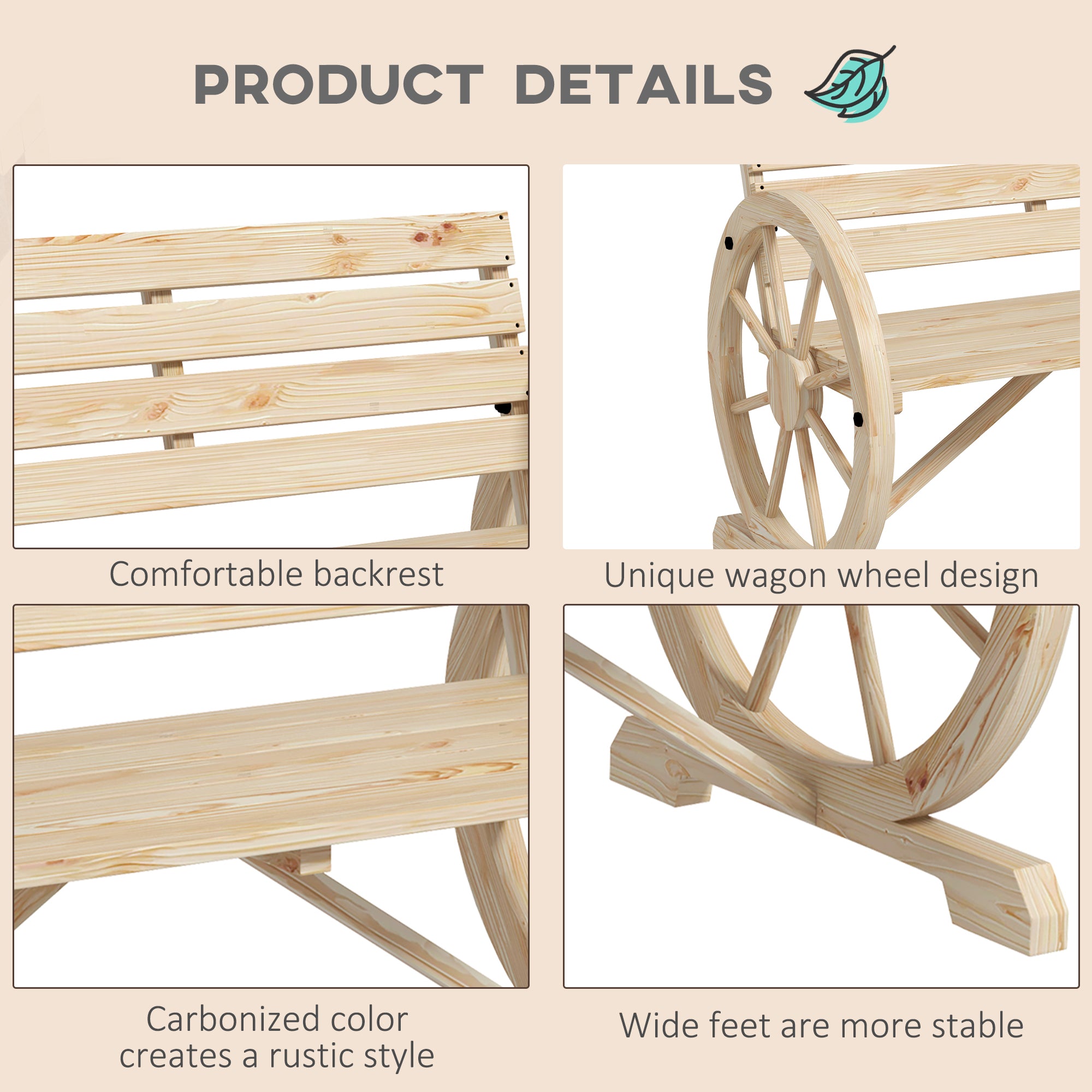 42" Wood Wagon Wheel Bench Garden Loveseat Rustic Seat, Natural Wood