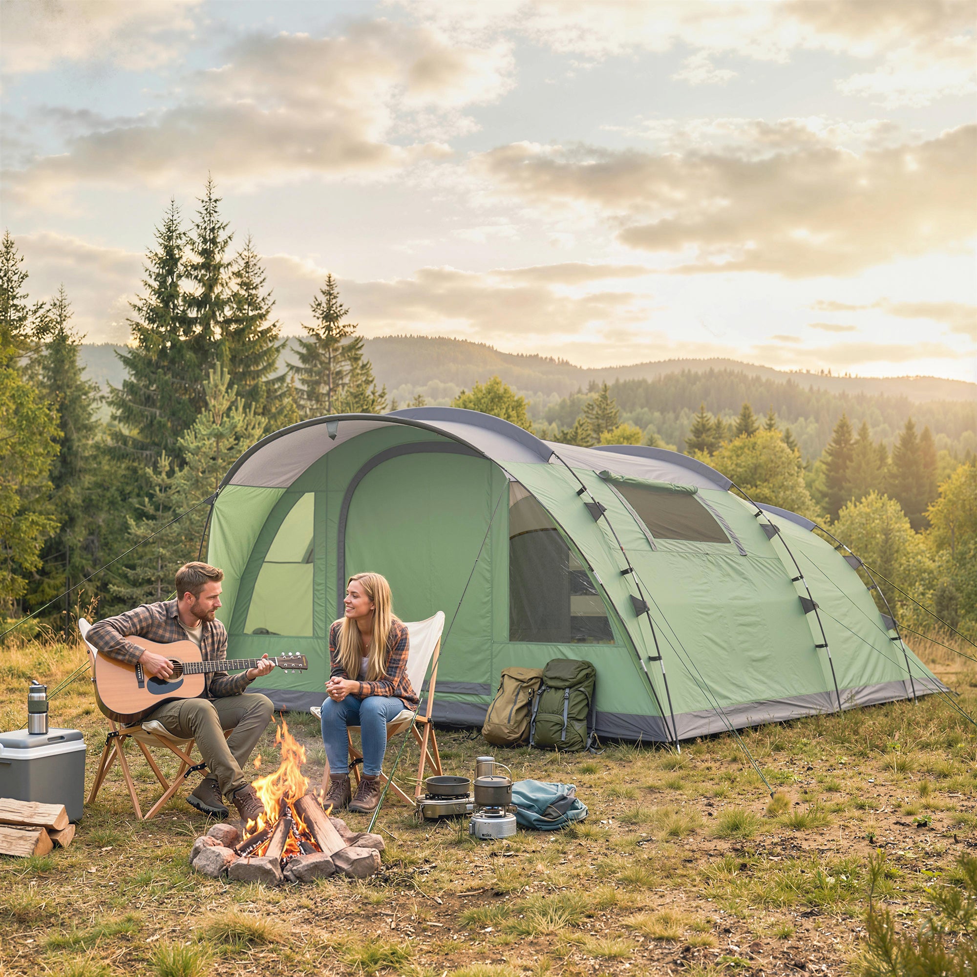 Multi-Room Camping Tent for 5 Person, Easy Set up Large Family Tent with 4 Windows, Porch, Light Green