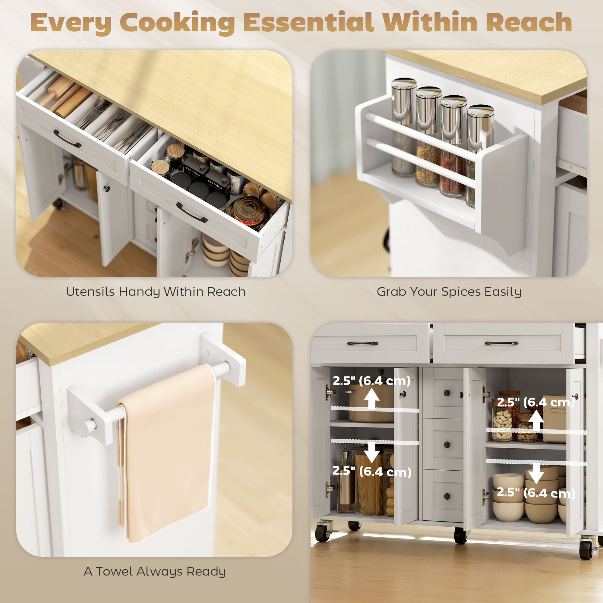 Kitchen Island Cart with Power Outlet & Drop Leaf, 55" Rolling Kitchen Island on Wheels with Storage, White