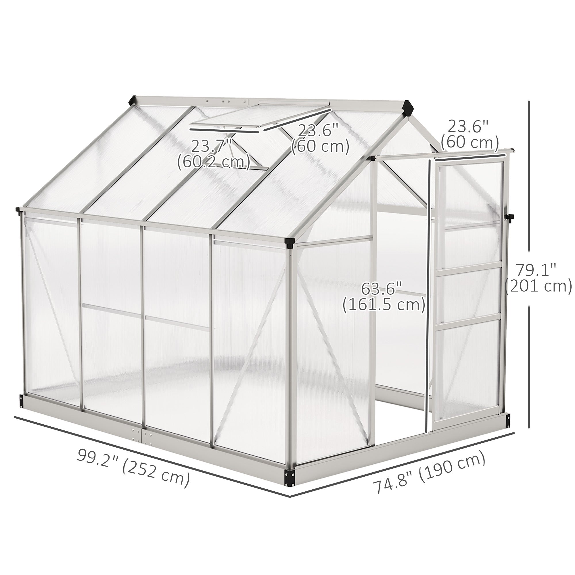 6' x 8' x 6.6' Polycarbonate Greenhouse, Walk-In Green House Kit Garden, Plants Grow, Galvanized Sheet Aluminum Frame with Rain Gutter, Vent and Sliding Door, Silver