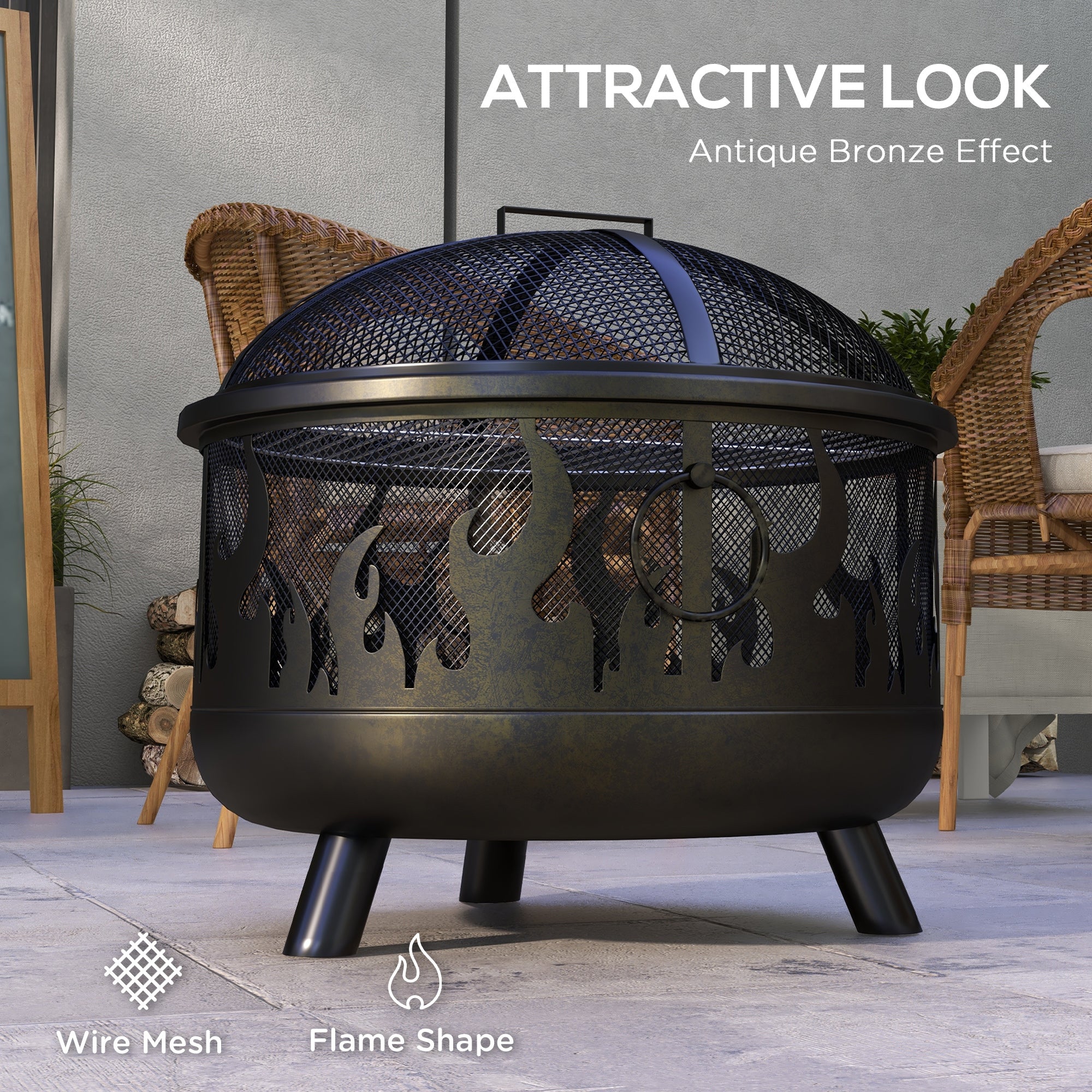 Outdoor Metal Fire Pit, 24" Round Firepit Bowl w/ Lid Grill Poker Handles for Garden, Camping, BBQ, Bonfire, Black