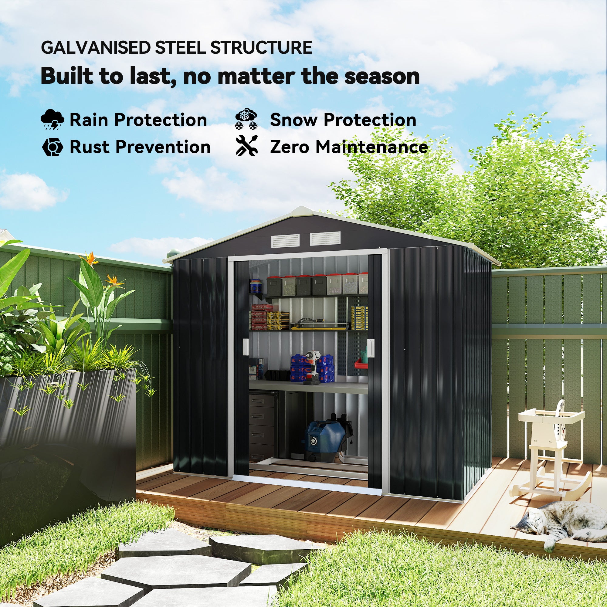7' x 4' x 6' Garden Storage Shed Outdoor Patio Metal Tool Storage House w/ Foundation Kit and Double Doors Dark Grey