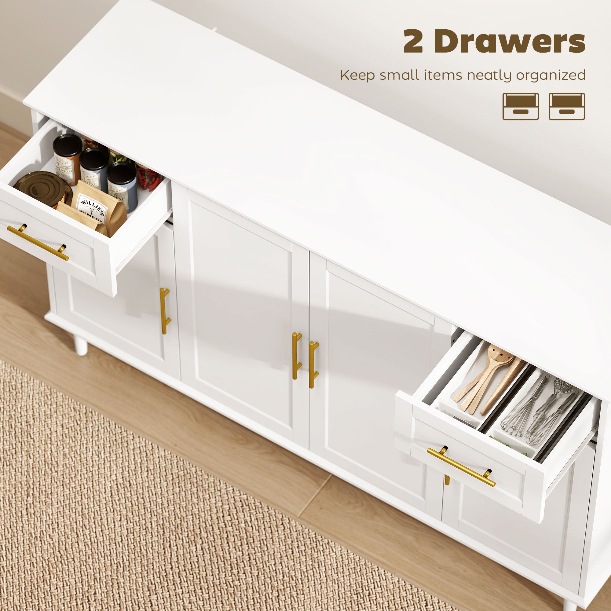 55" Buffet Cabinet with Soft-Close Doors, Modern Sideboard with 2 Drawers, 3 Adjustable Shelves and 4 Doors, White