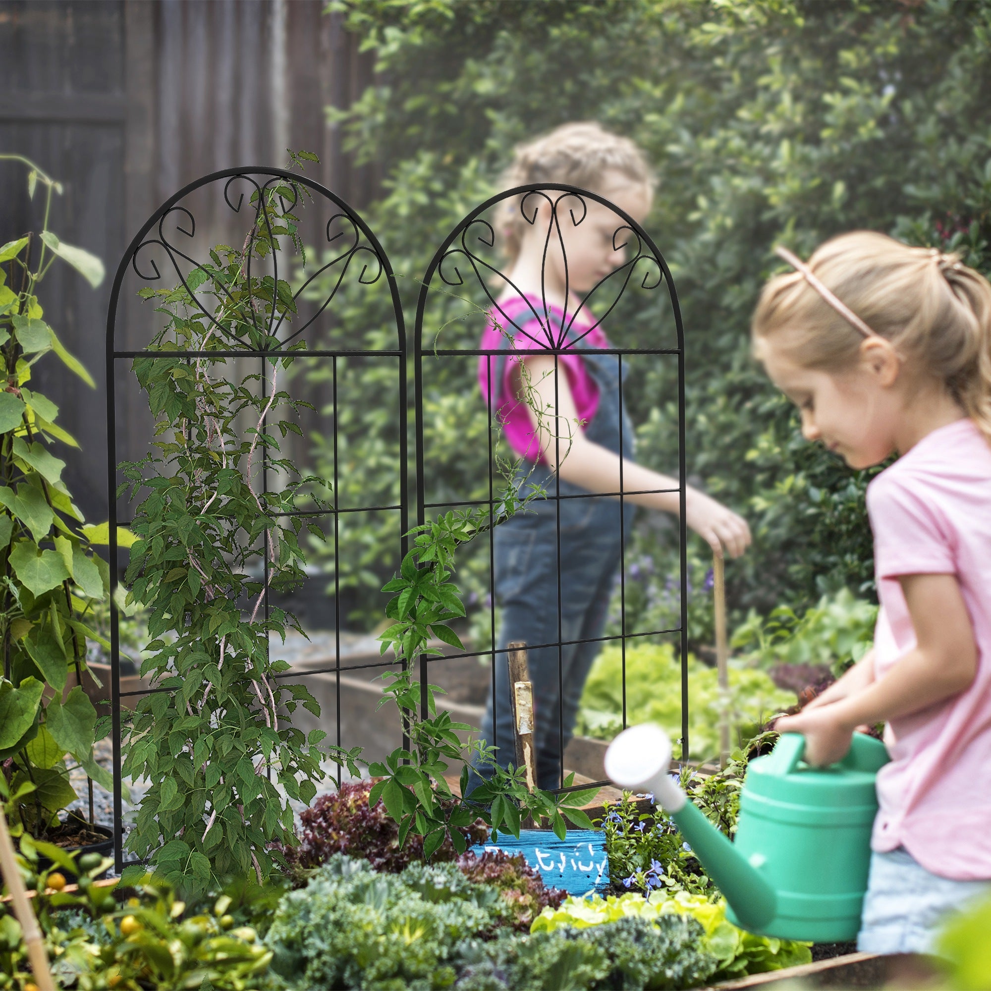 Metal Garden Trellis Pack of 2 for Climbing Plants, Arched Grid Trellis Panels, 20" x 47", Black