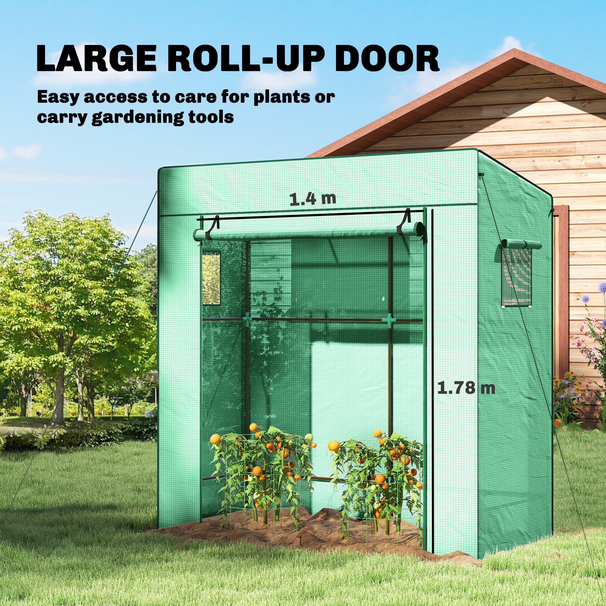 Walk-in Tomato Greenhouse Lean-to Green House with Reinforced PE Cover, Roll-up Door, Mesh Windows, Green