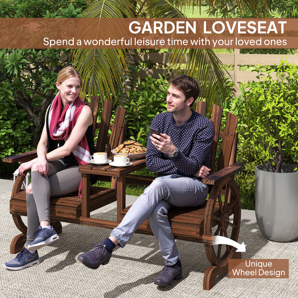 Wooden Outdoor Loveseat, Wagon Wheel Outdoor Bench with Table, Carbonized