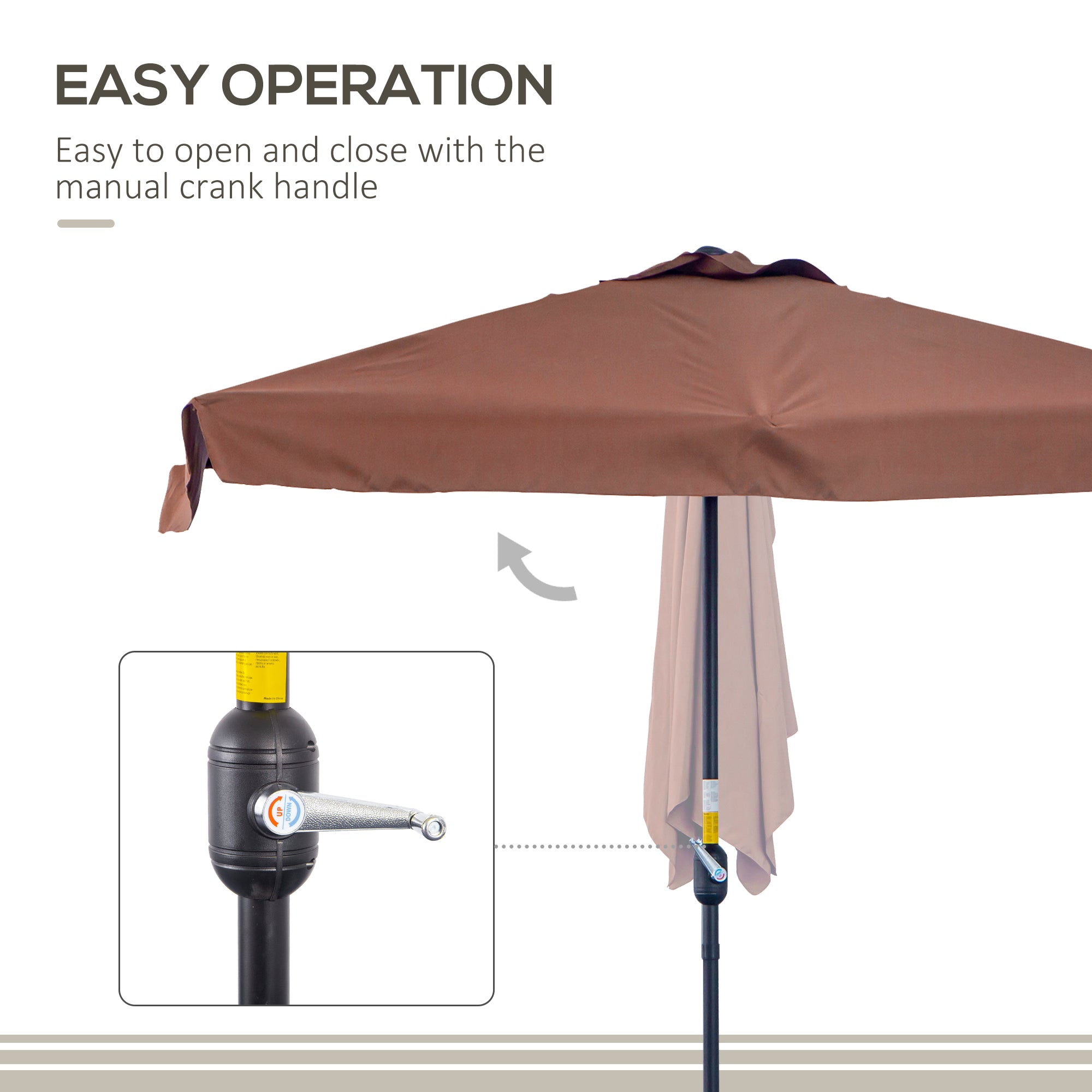 7.5ft Half Umbrella Semi Patio Parasol with Crank Handle, Top Vent for Garden, Balcony- NO BASE INCLUDED, Coffee