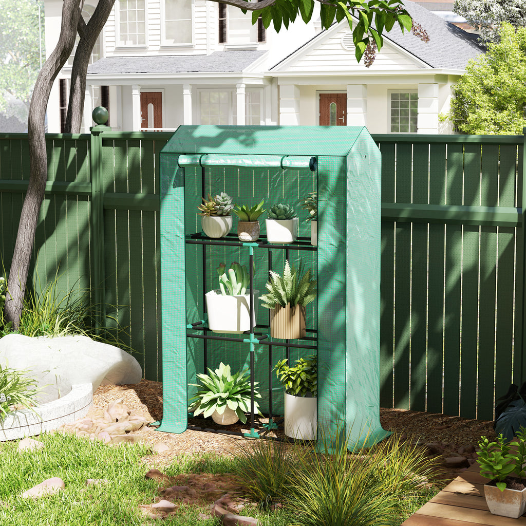 Mini Greenhouse with 3 Tier Shelves, 3 Roll-Up Doors for Indoor Outdoor, Green