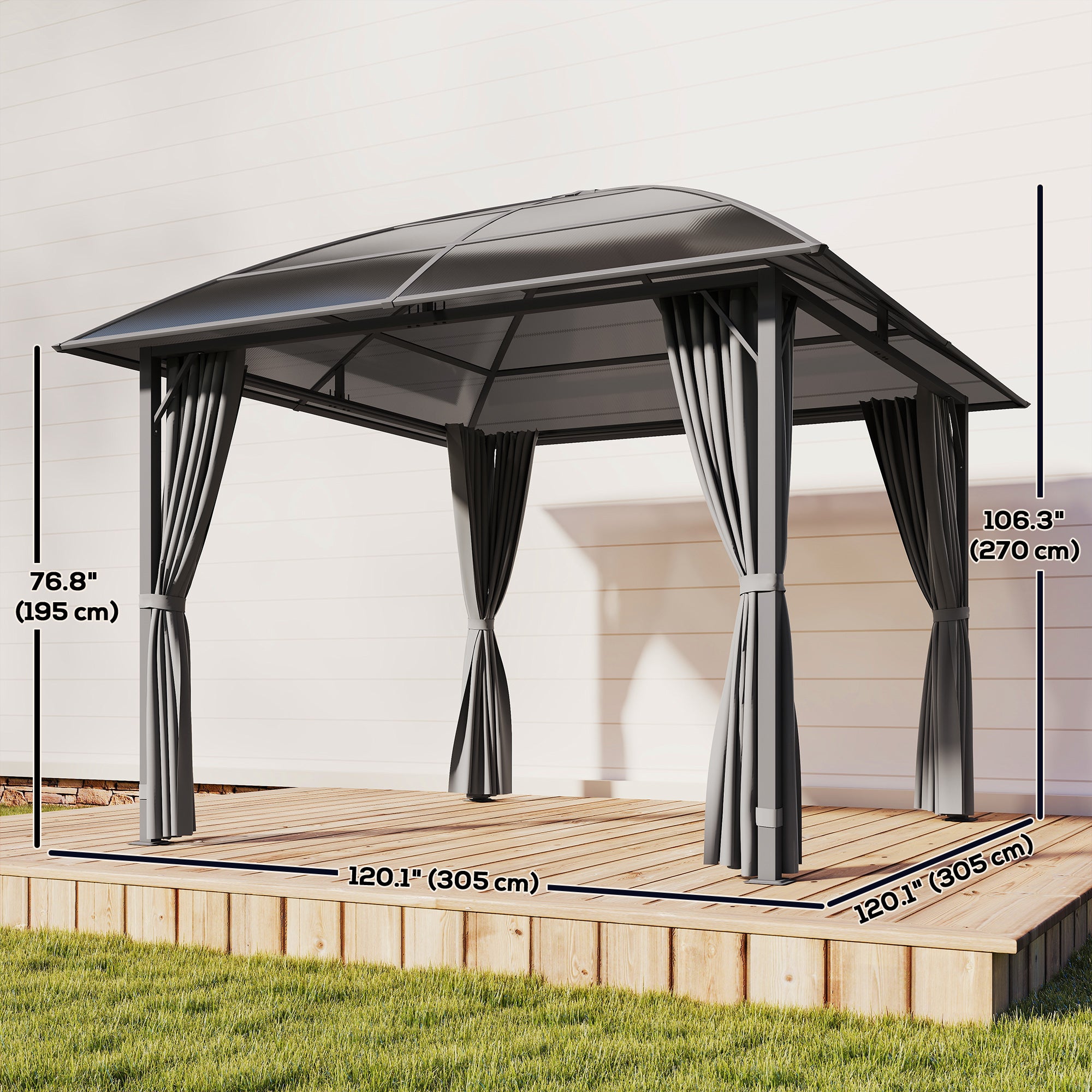 10' x 10' Outdoor Hardtop Gazebo Canopy withÂ UV60+ Polycarbonate Roof, Steel Frame, Central Hook,Â Curtains, Light Grey