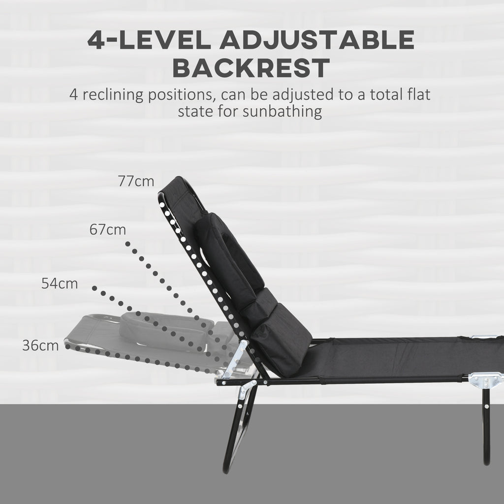 Folding Lounge Chair Set of 2, Reclining Beach Tanning Chair with Face Hole, Pillow, 4-Position Adjustable Flat Sun Lounger, Steel Frame for Outdoor Patio Pool, Black