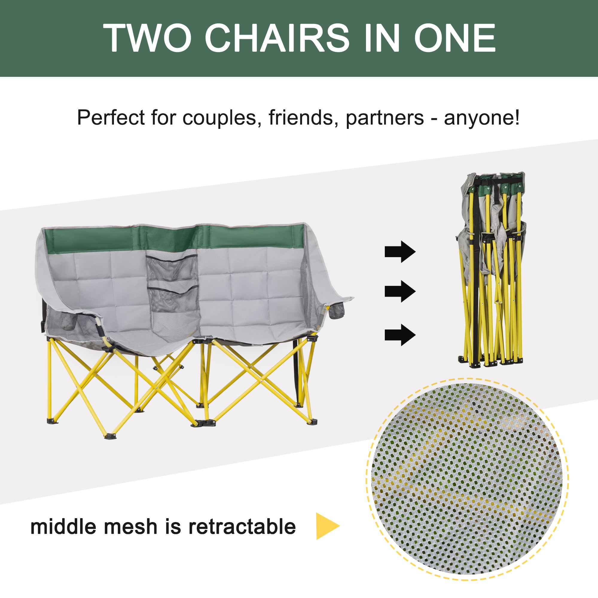 62" W Double Seat Camping Chair Folding Lawn Loveseat w/ Storage Pocket & Cup Holder Compact in a Bag for Outdoor, Beach, Picnic, Hiking, Travel, Green