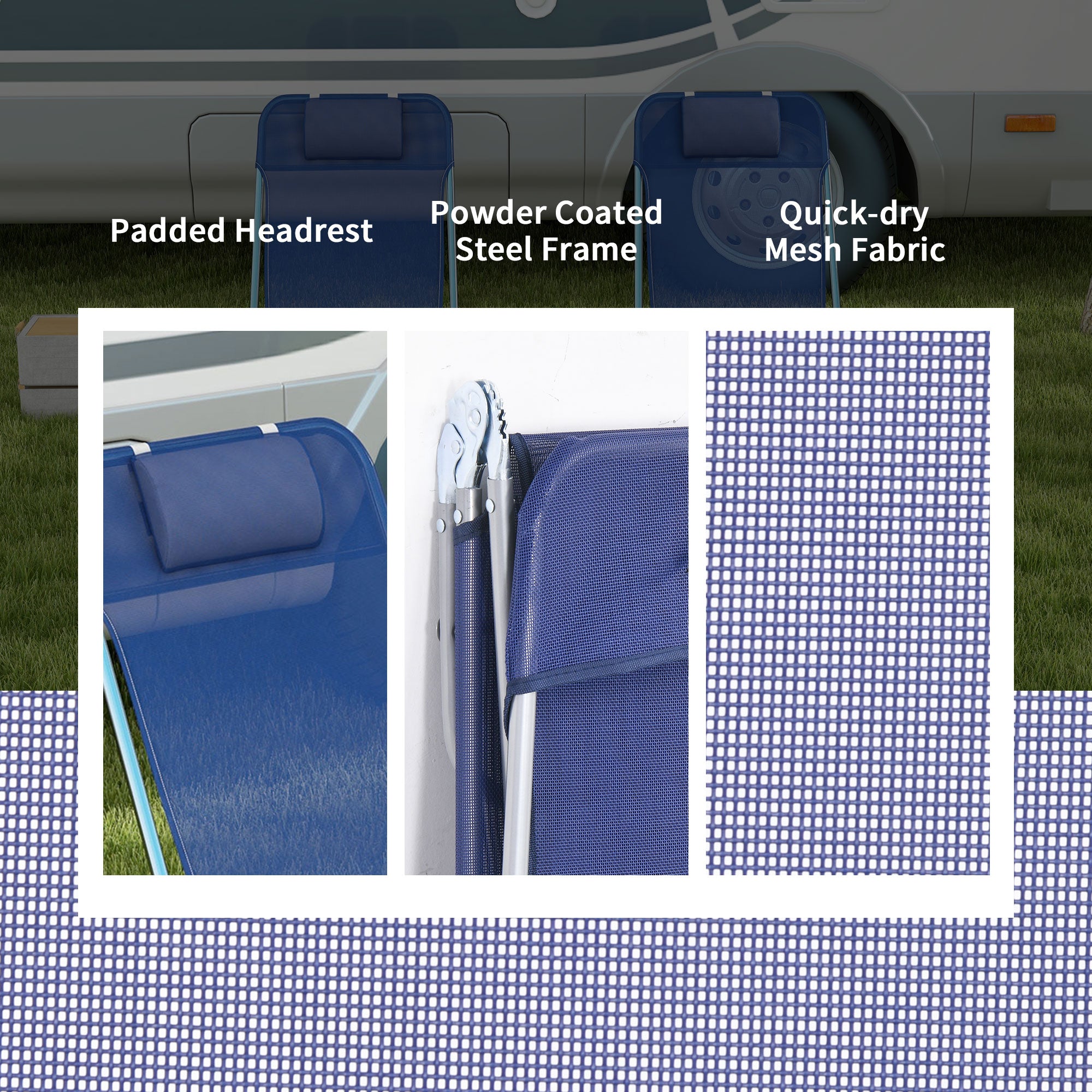 Set of 2 Folding Chaise Lounge Chairs, Outdoor Poolside Sun Tanning Chairs w/ Pillow, Reclining Backrest, Dark Blue