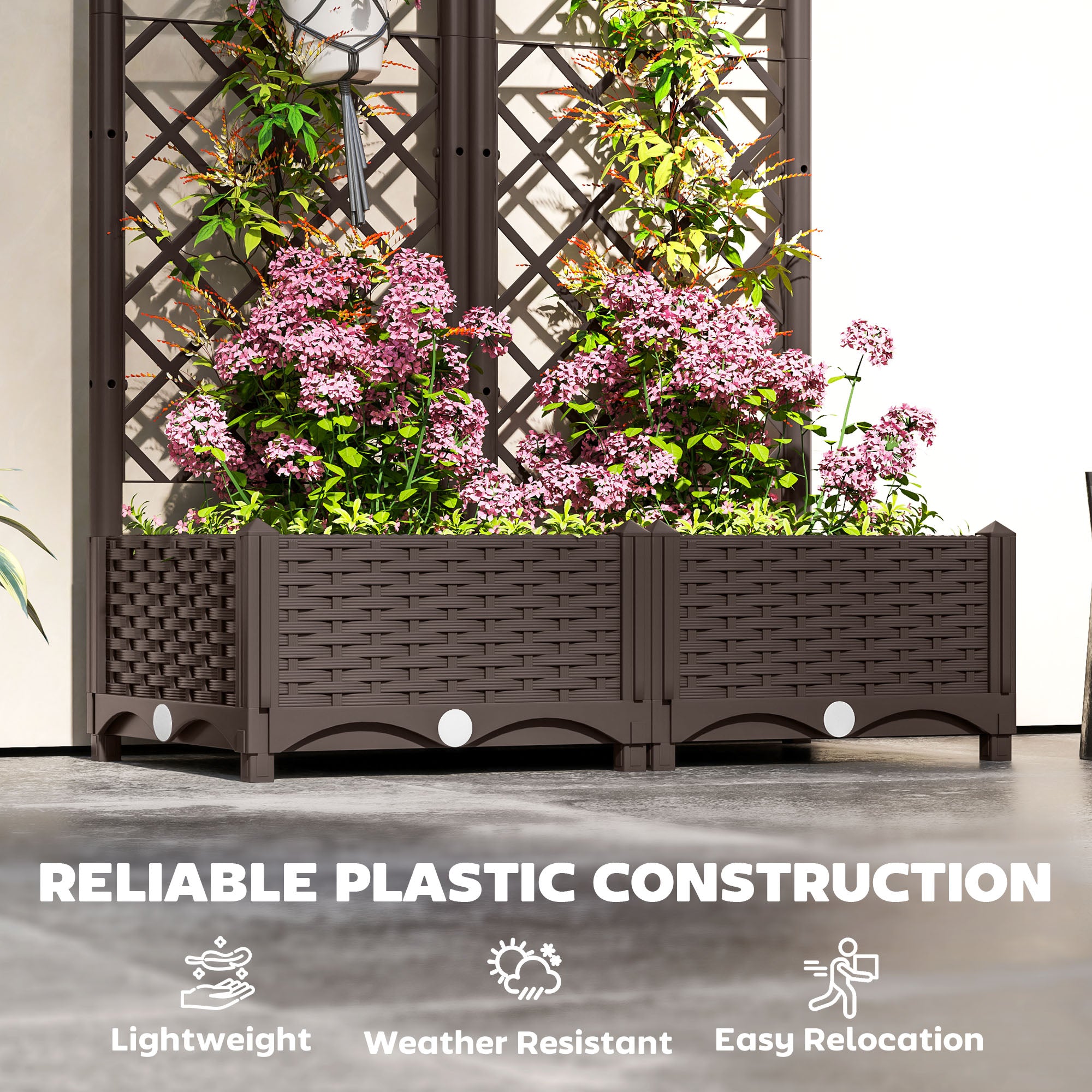 Raised Garden Bed with Trellis, Plastic Raised Flower Bed with Drainage Holes and Drain Plugs, 32" x 16" x 48"