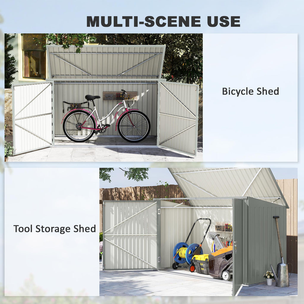 7.6 x 3.4ft Outdoor Storage Shed, 3 Garbage Bin Shed Organizer with Lockable Double Doors, Openable Lid, Silver Grey