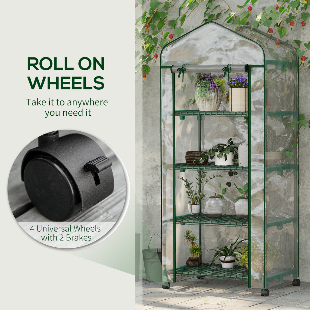 27" x 20" x 65" Portable Greenhouse with 4 Tier Shelves and Wheels, Outdoor Hot House Plant Flower Greenhouse, Steel Frame, Plastic Cover, Clear