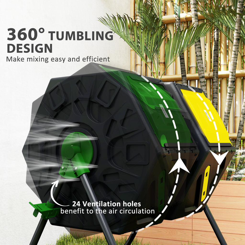 Rotating Composter, Dual Chamber Compost Bin with 24 Vents and Steel Legs, 34.5 Gallon, Yellow and Green