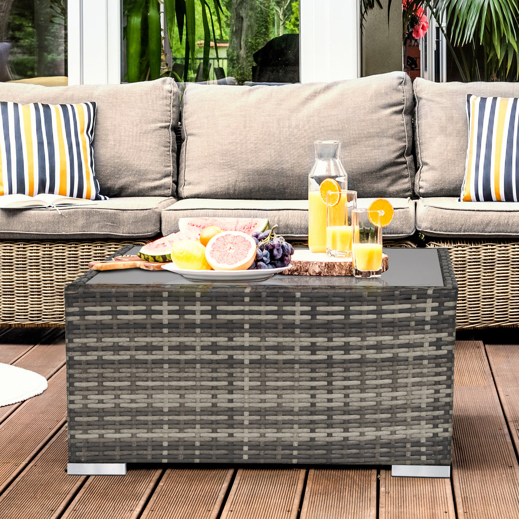 Rattan Garden Coffee Table, 25.6" Square Garden Rattan Table with Tempered Glass Top, Deep Grey