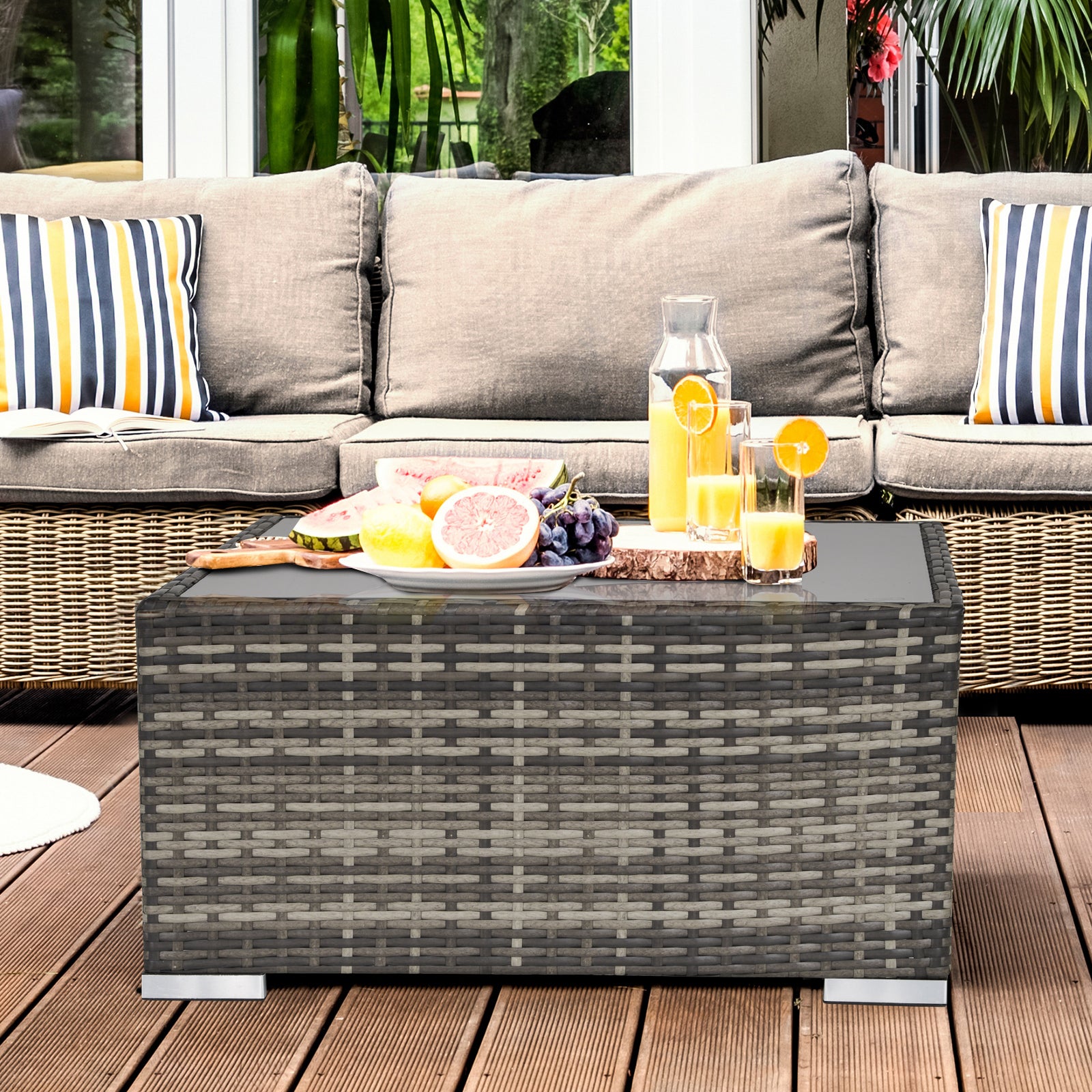 Rattan Garden Coffee Table, 25.6" Square Garden Rattan Table with Tempered Glass Top, Deep Grey