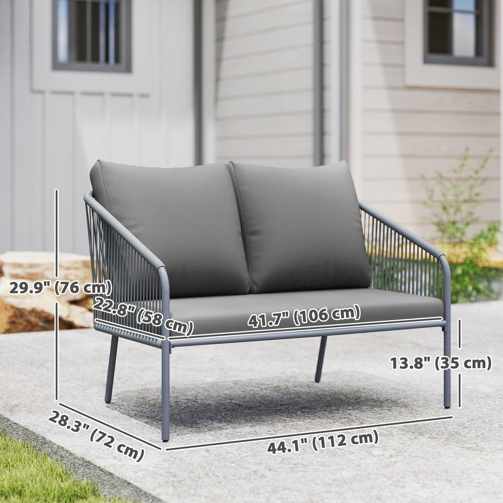 Garden Sofa with Cushions, 2-Seater Outdoor Balcony Rattan Sofa, 112 x 72 x 76 cm, Grey