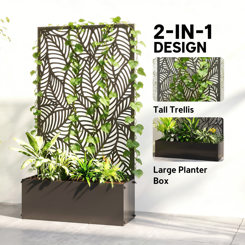 Metal Planter Box with Trellis, 44.5" Raised Garden Bed with Trellis Privacy Screen for Climbing Plants, Leaves Cut-Out
