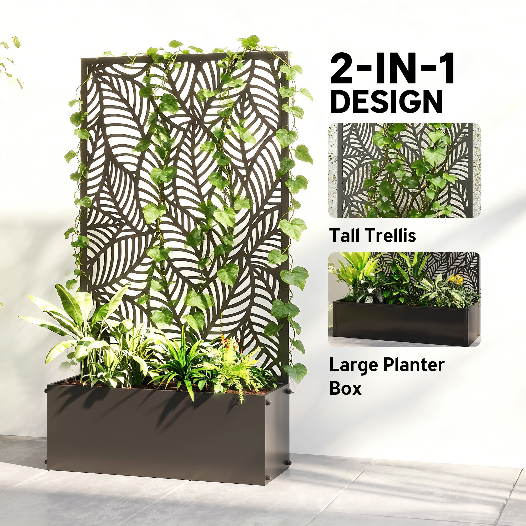 Metal Planter Box with Trellis, 44.5" Raised Garden Bed with Trellis Privacy Screen for Climbing Plants, Leaves Cut-Out