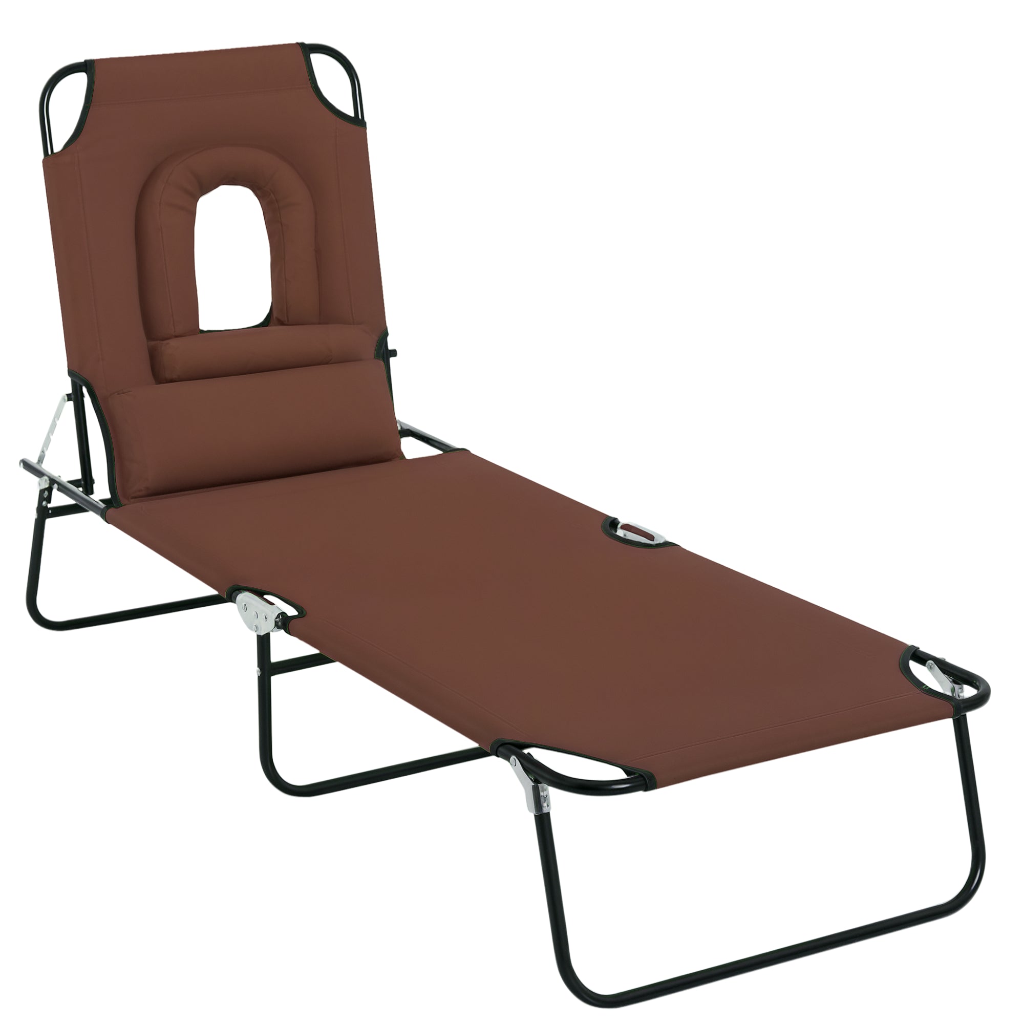 Folding Chaise Lounge Chair, Reclining Beach Tanning Chair with Face Hole, Pillow, 4-Position Adjustable Lay Flat Sun Lounger, Steel Frame for Outdoor Patio Pool, Brown