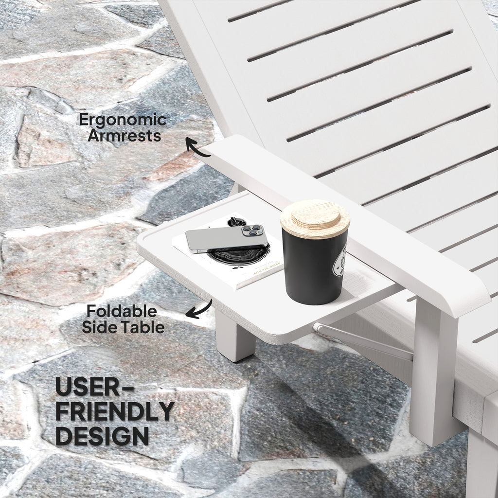 Set of 2 Tanning Chair, 5 Positions Adjustable Outdoor Lounge Chairs with Foldable Side Table, White