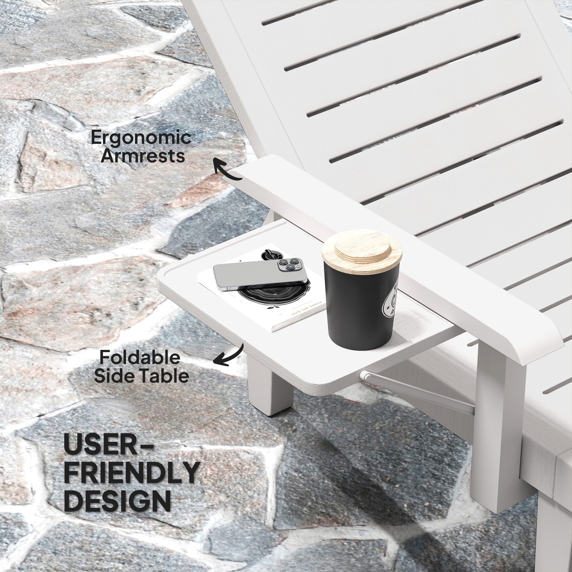 Set of 2 Tanning Chair, 5 Positions Adjustable Outdoor Lounge Chairs with Foldable Side Table, White