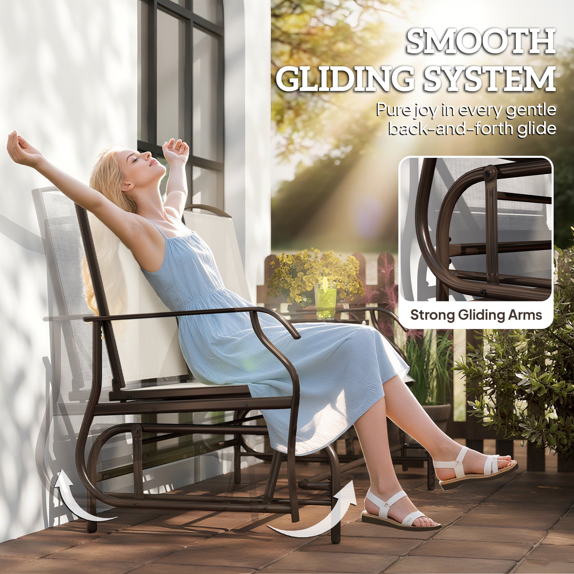 Patio Glider Rocking Chair 2 Person Outdoor Loveseat Rocker Garden Furniture Bench, Beige