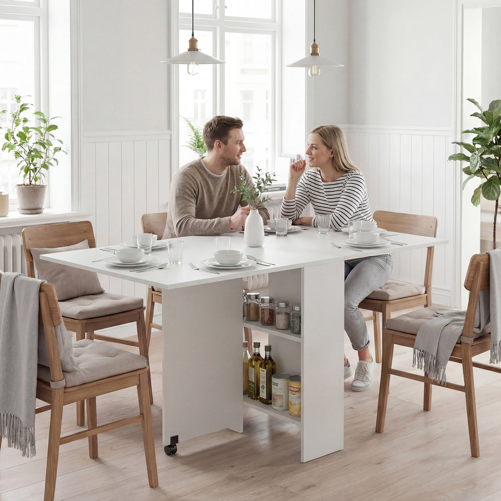 Extendable Dining Table, Collapsible Folding Table w/ 2-tier Shelves and Rolling Casters, White