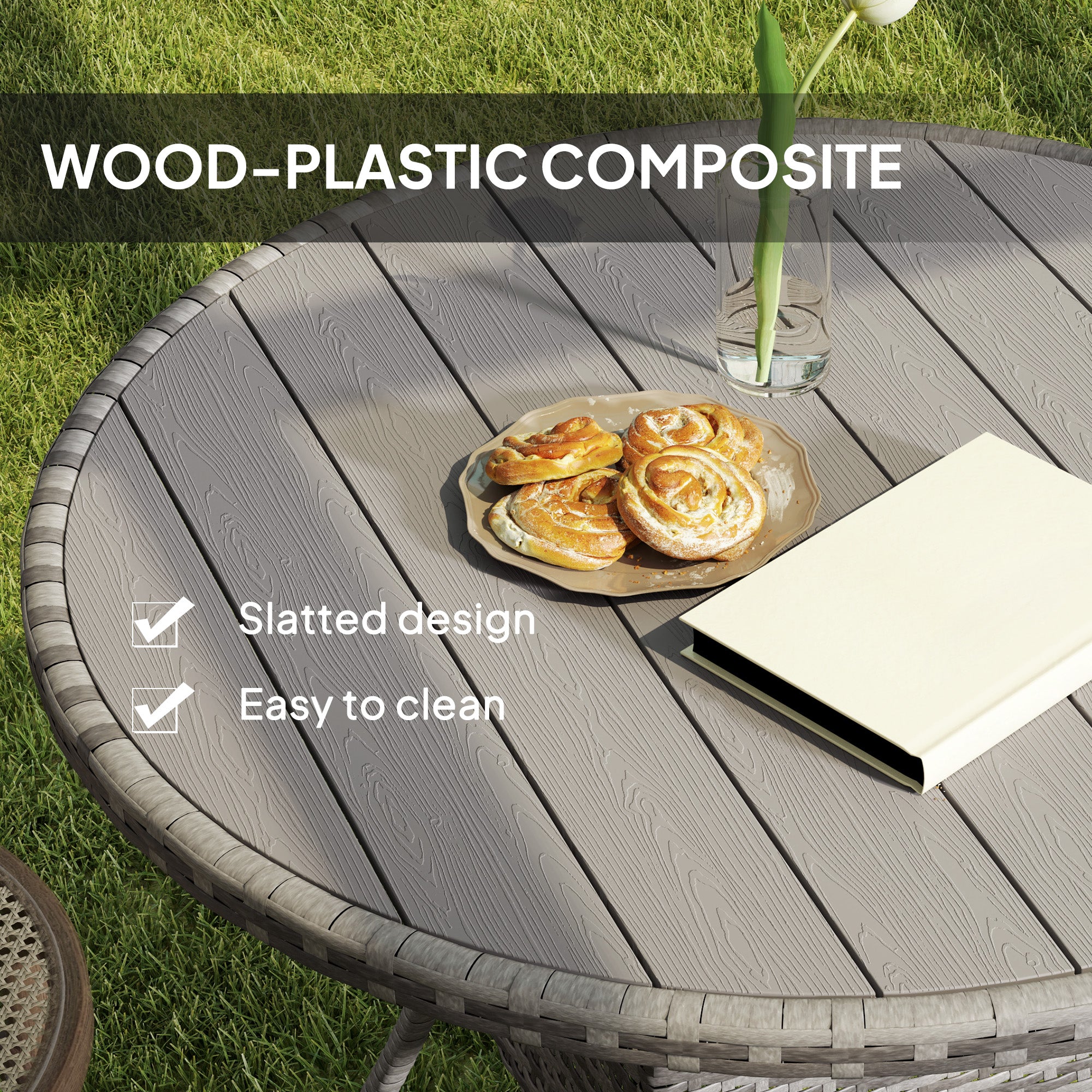 35.4" Outdoor Wicker Dining Table, PE Rattan Patio Furniture with Wood-plastic Composite Top, Grey