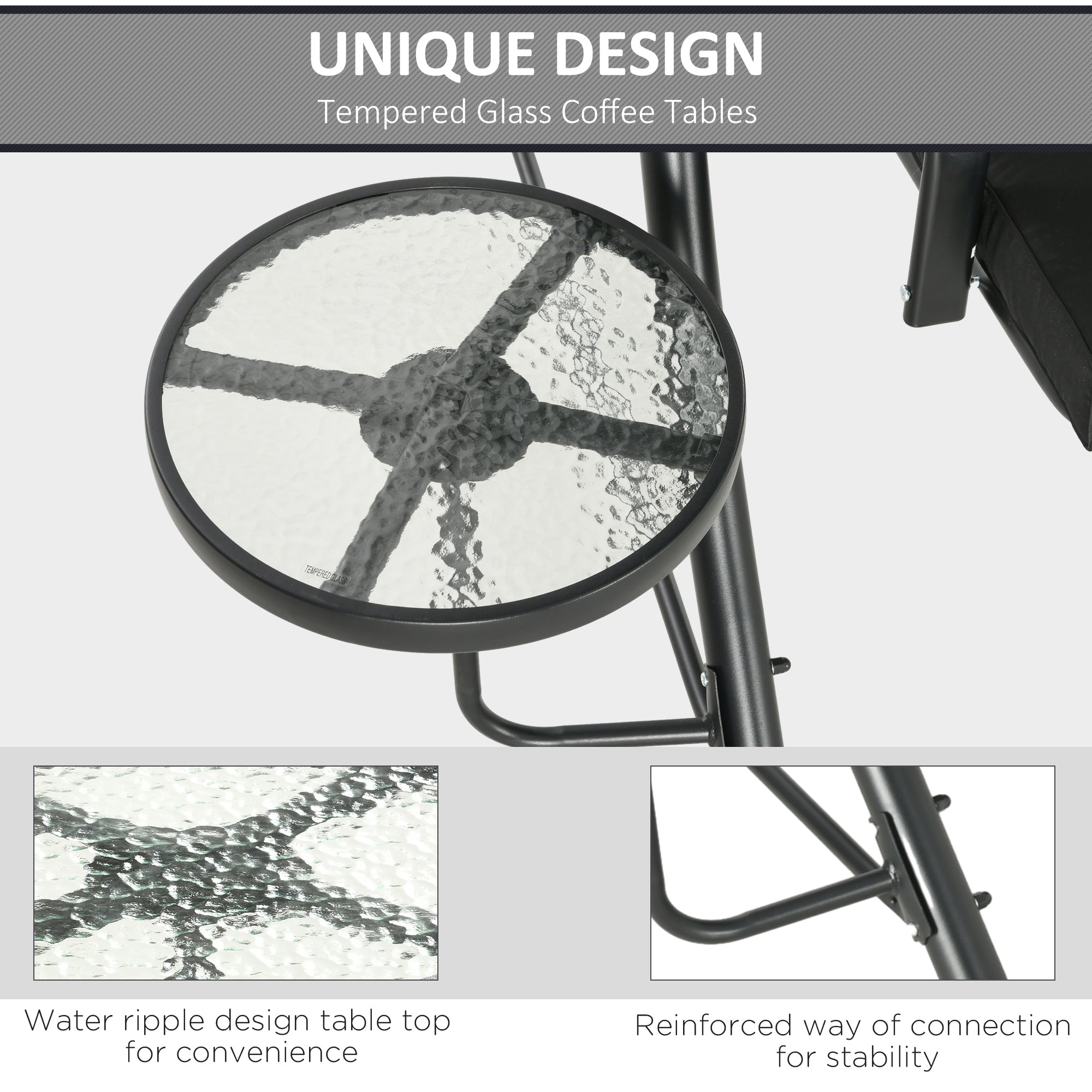 3-Seat Outdoor Swing Chair Steel Swing Bench with Adjustable Canopy & Coffee Tables & Cushion for Patio Garden, Black