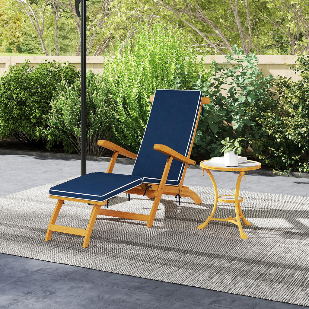 Folding Patio Lounge Chair with Padded Cushion, Acacia Wood Patio Lounger Recliner with Footrest for Garden, Navy Blue