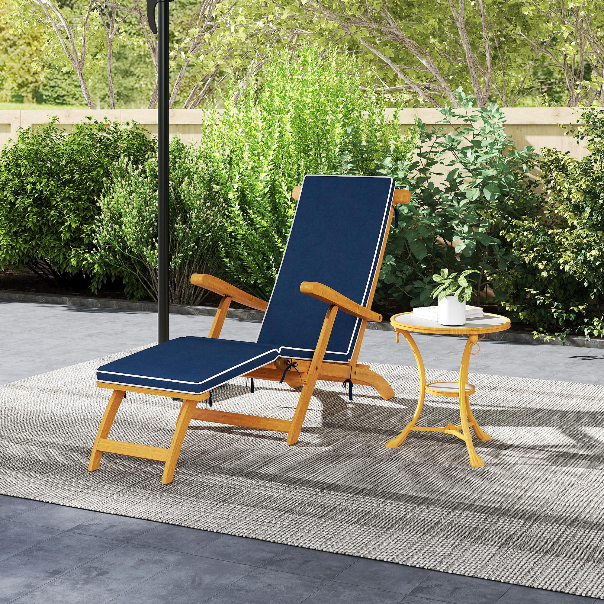 Folding Patio Lounge Chair with Padded Cushion, Acacia Wood Patio Lounger Recliner with Footrest for Garden, Navy Blue
