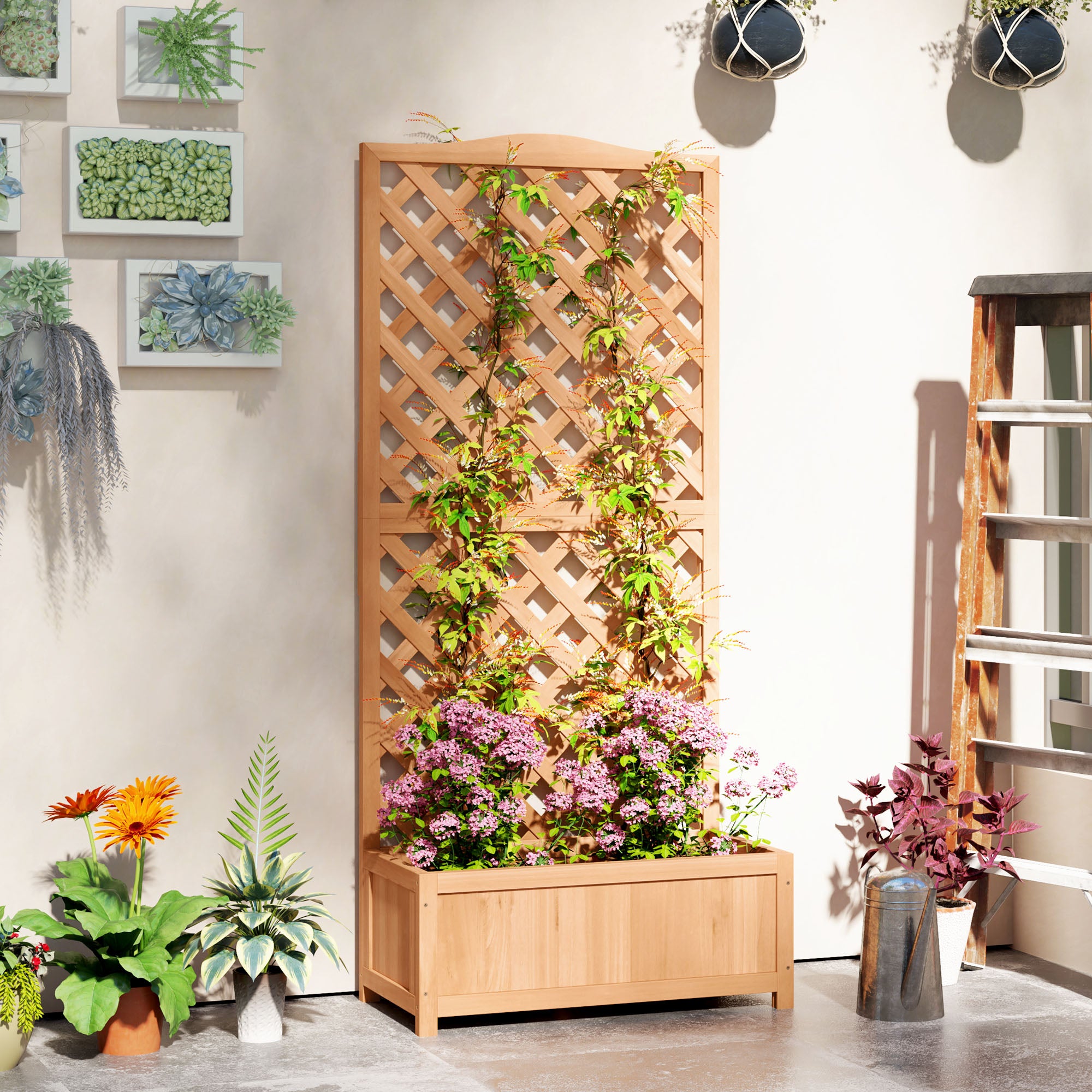 Wood Planter with Trellis for Vine Climbing, Raised Garden Bed to Grow Vegetables for Backyard, 30" x 14" x 67", Brown