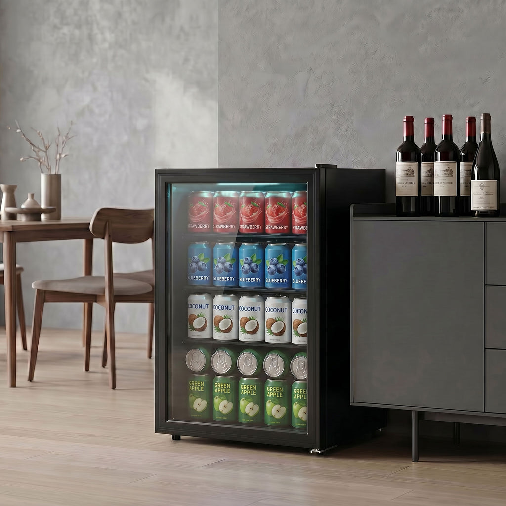 2.1 Cu.Ft Beverage Fridge, 85 Can Drink Fridge with Glass Door, Auto-Defrost and LED Lights for Soda, Beer, Black