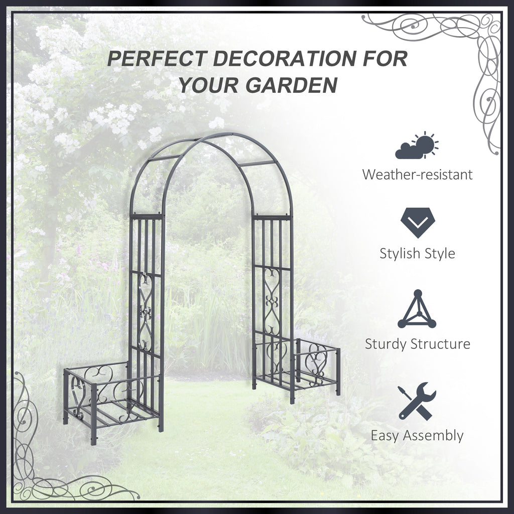 7FT Metal Garden Arch with 2 Planter Boxes, Decorative Outdoor Walkway Arbor for Climbing Vine Plants for Patio Backyard Lawn Party Ceremony, Dark Grey