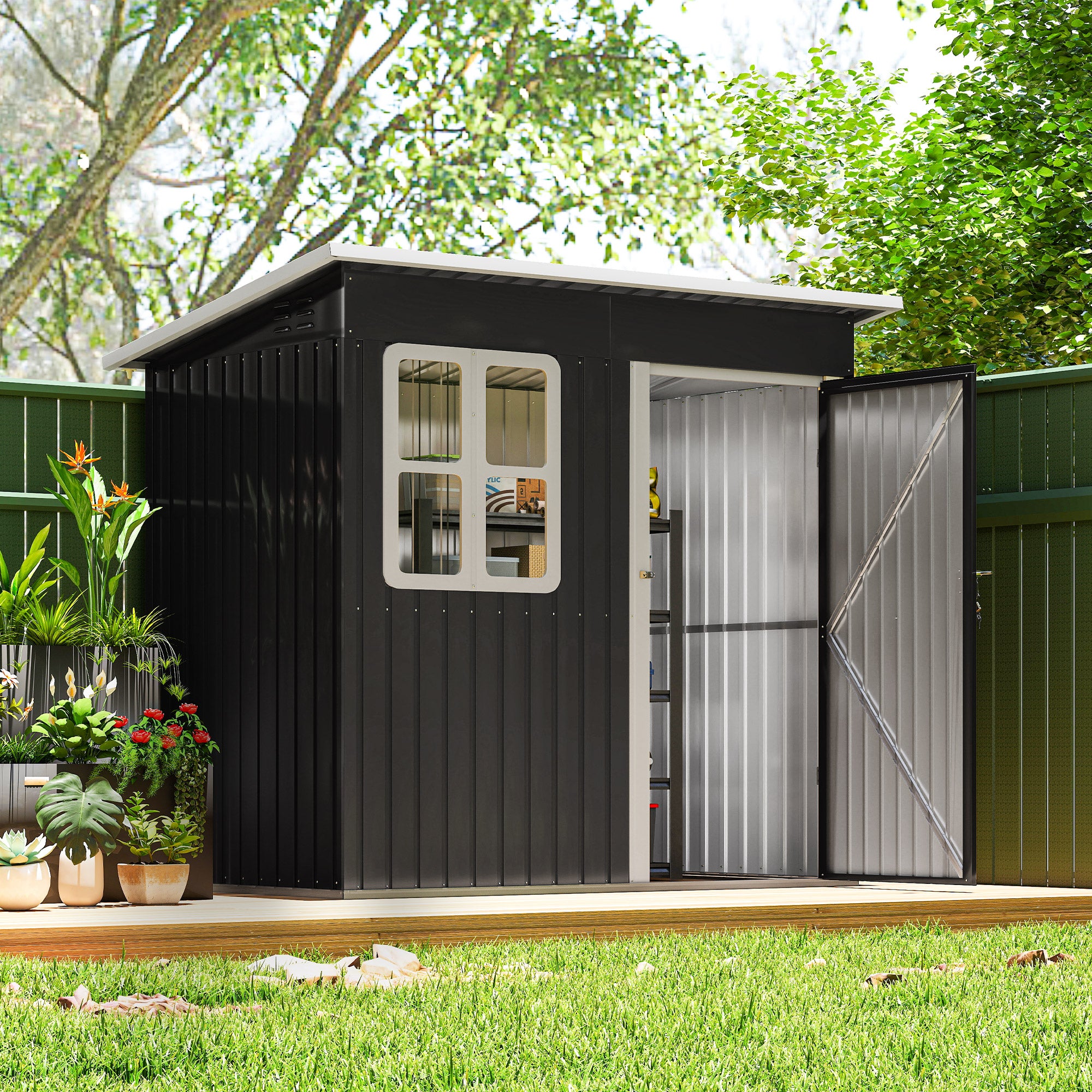 7' x 4' Galvanised Steel Outdoor Storage Shed, Garden Shed with Window, Lockable Wide Door and Air Vents, Dark Grey
