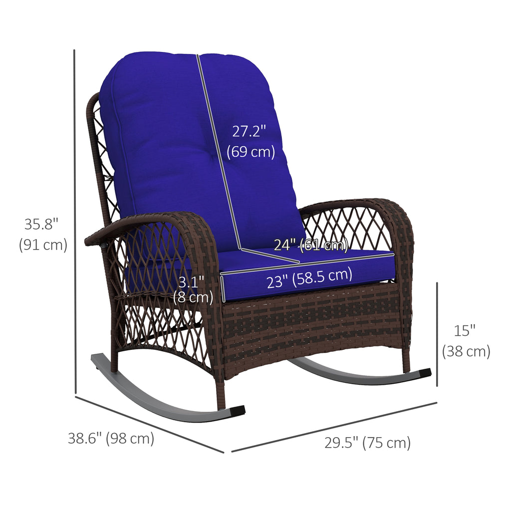 Outdoor Wicker Rattan Rocking Chair Patio Rocker with Thick Cushions for Garden Backyard Porch, Dark Blue