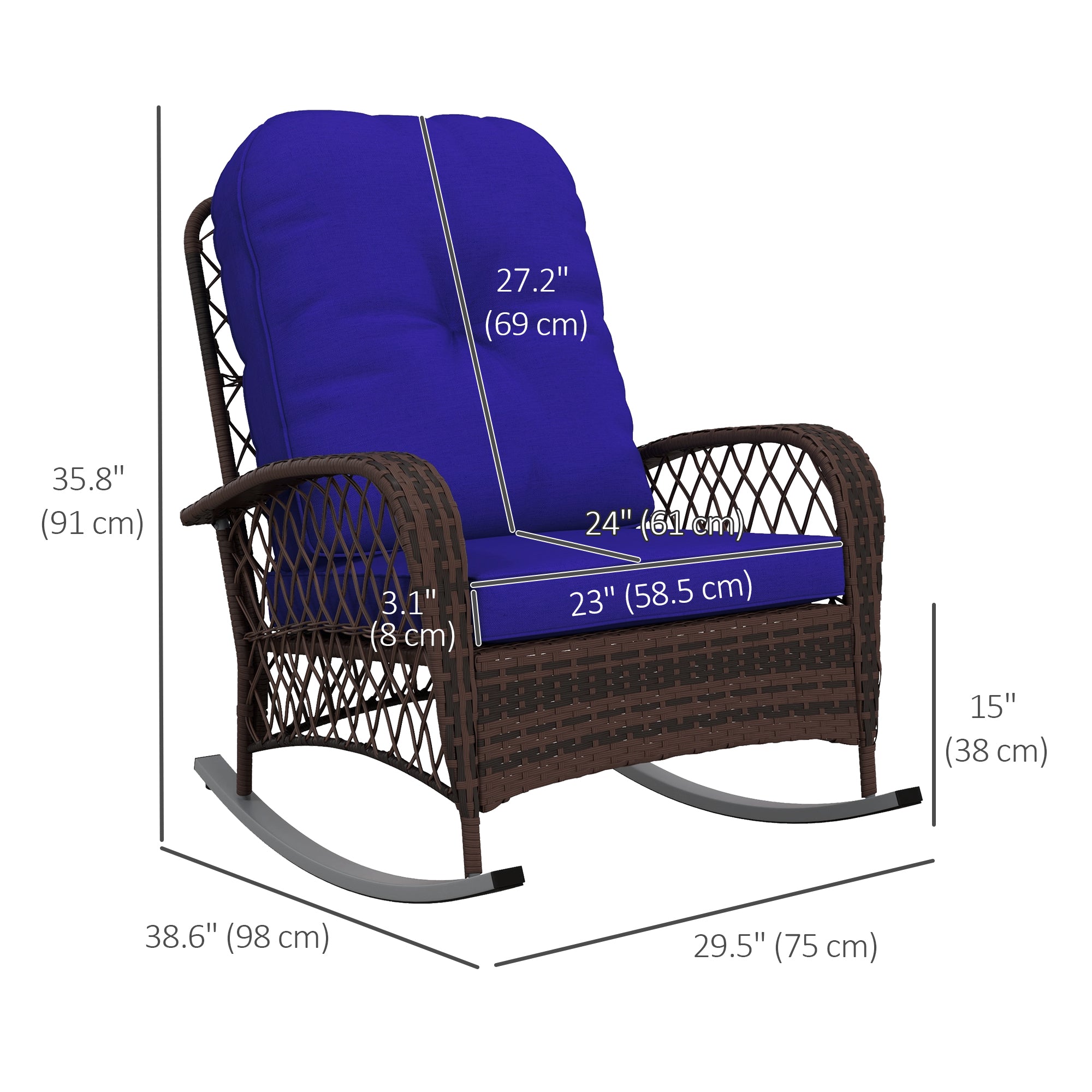 Outdoor Wicker Rattan Rocking Chair Patio Rocker with Thick Cushions for Garden Backyard Porch, Dark Blue