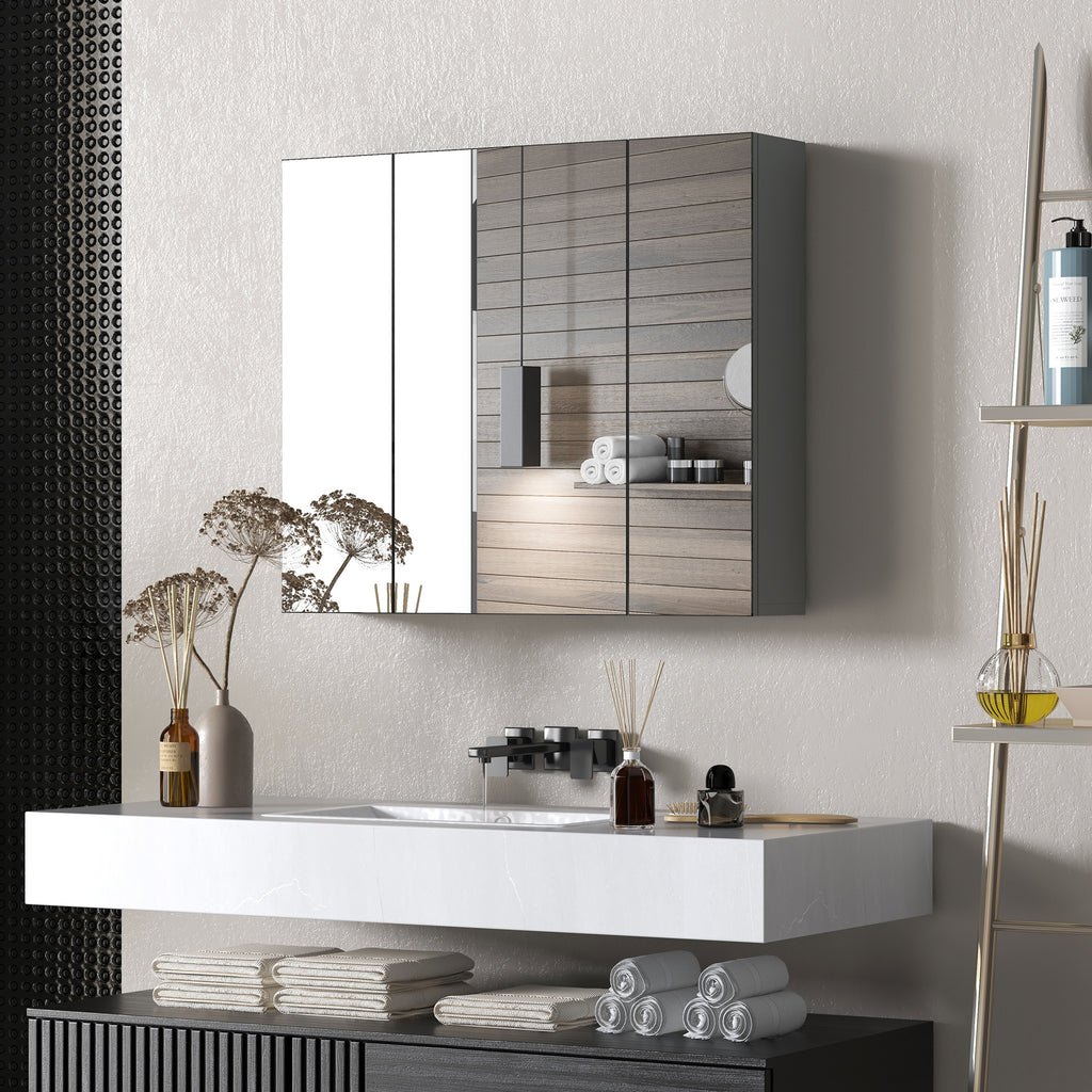 28" x 24" Wall Mounted Mirror Cabinet, Bathroom Medicine Cabinet with Mirror, 3 Doors and Adjustable Shelves, Grey