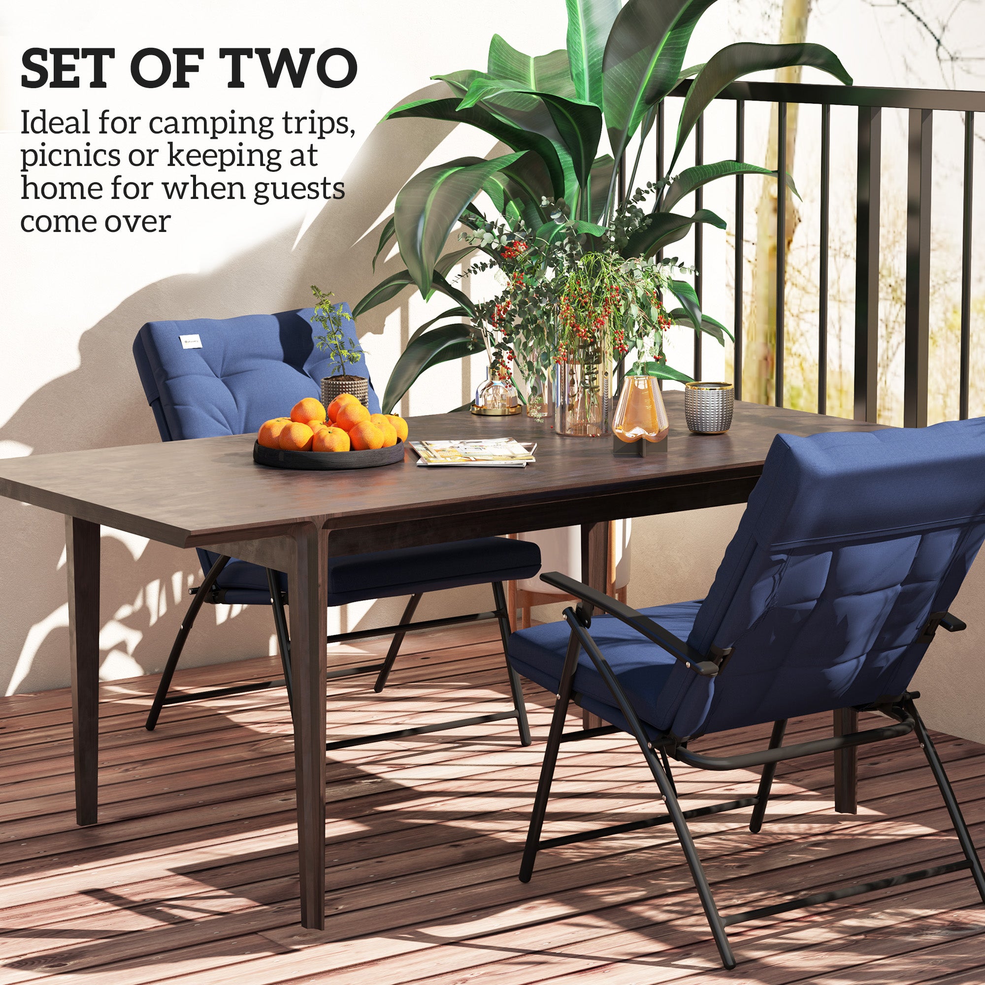 Set of 2 Outdoor Folding Chairs with Adjustable Backrest, Padded Camping Chairs for Outdoor Events, Blue