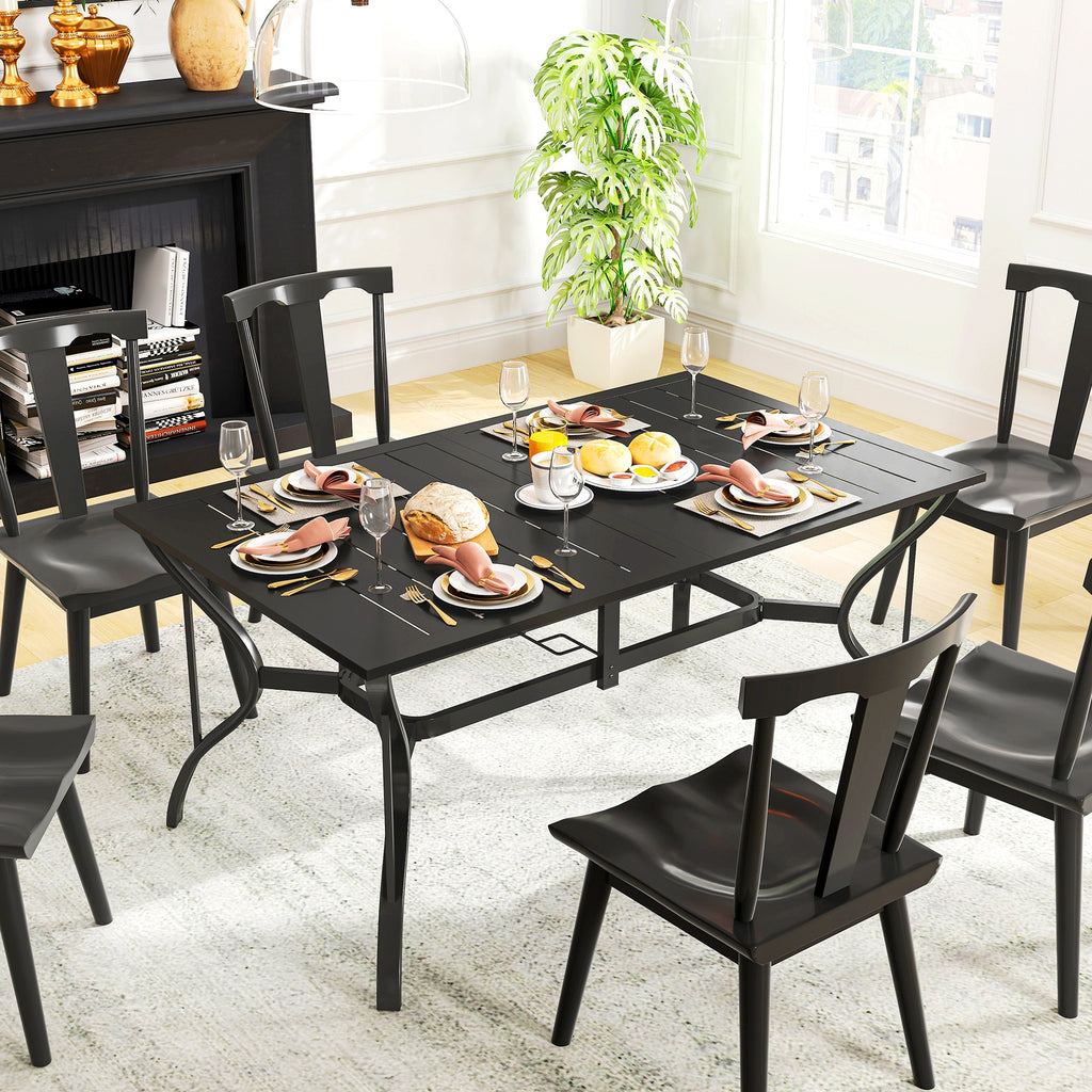 Rectangle Patio Dining Table with Umbrella Hole, Outdoor Dining Table for 6 with Steel Frame for Garden, Balcony, Black