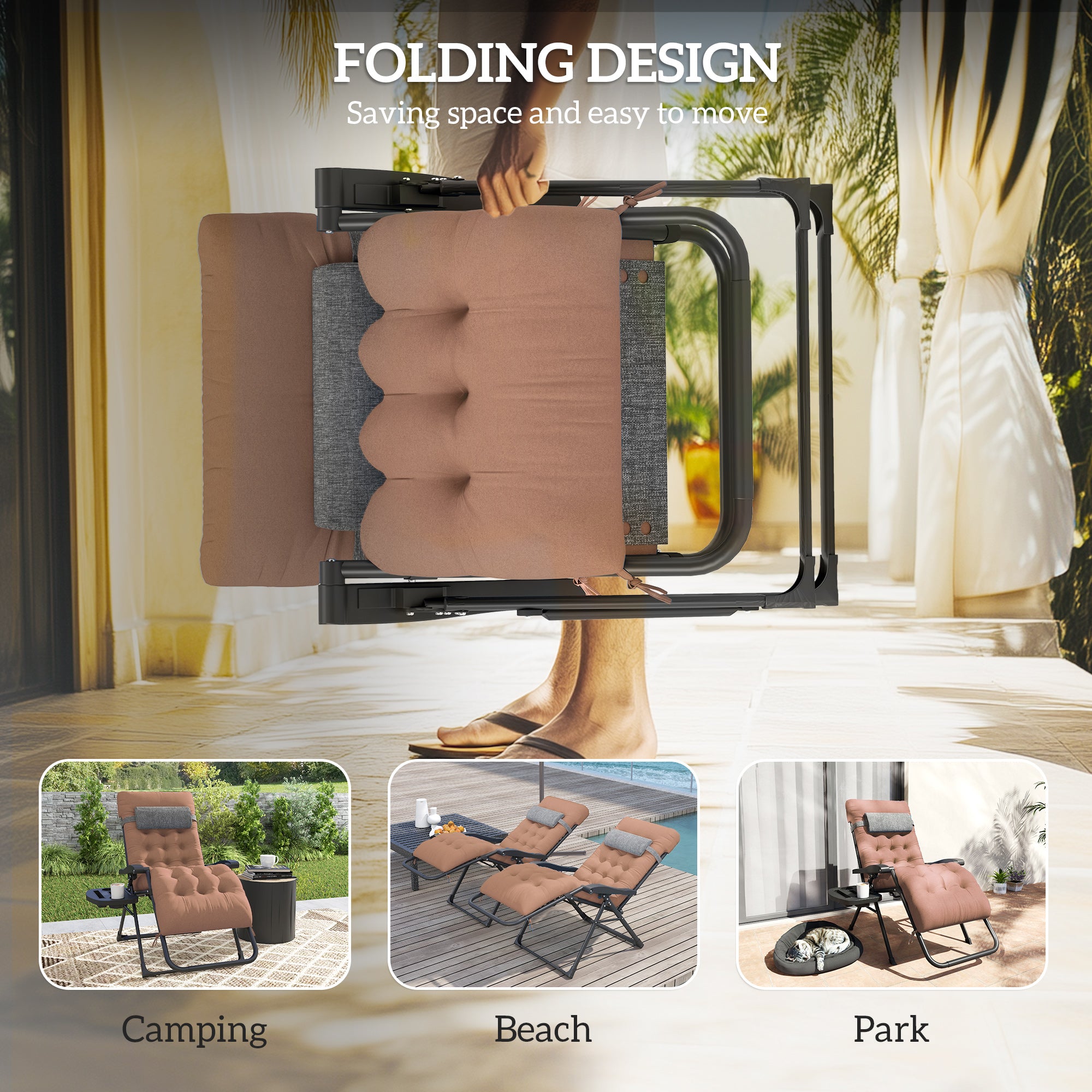 Padded Folding Recliner Chair, Patio Lounger with Cupholder, Adjustable Backrest, Removable Cushion, Khaki